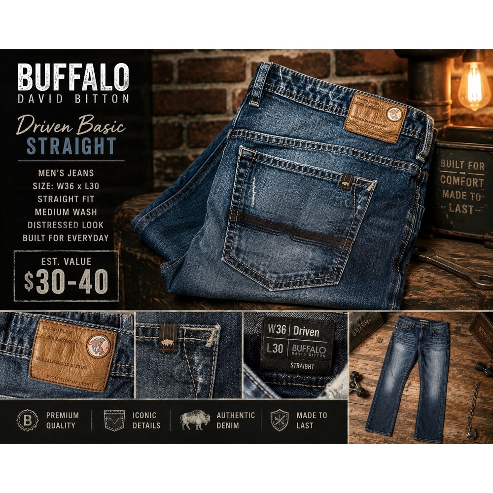 Buffalo David Bitton Driven Straight Fit Men's Jeans 36/30 Distressed Denim